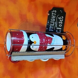Christmas Penguin Stacking Nested Mugs New with Metal Stand Red White Silver